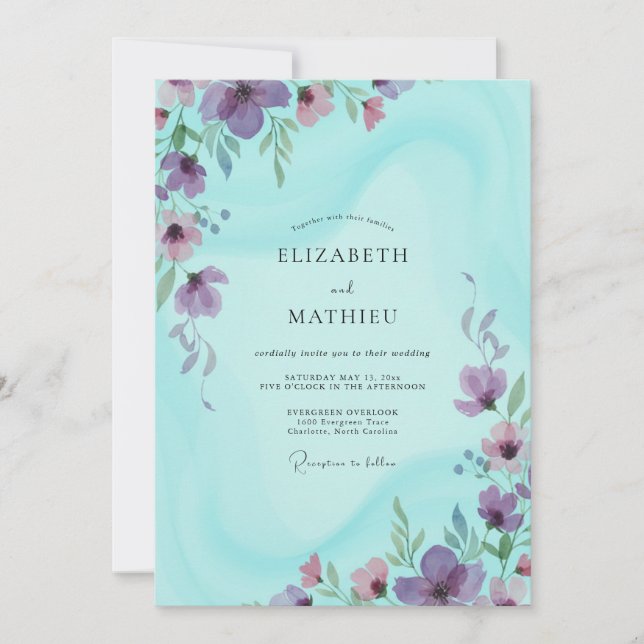 Convites Casamento Aquarela em Água Lavanda (Frente)