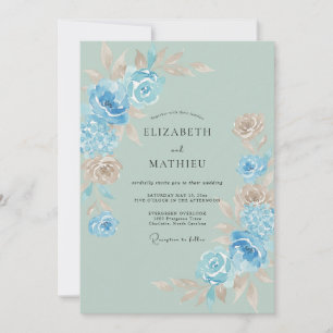 Convites Casamento Aquarela Flor de Azul Celeste
