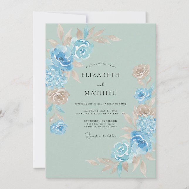 Convites Casamento Aquarela Flor de Azul Celeste (Frente)