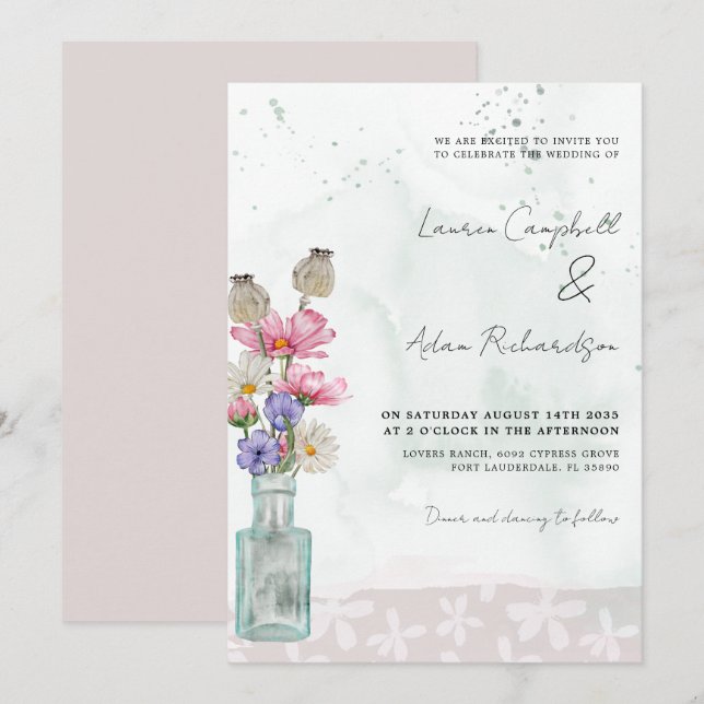 Convites Casamento Aquarela Flor Selvagem Boho Chic (Frente/Verso)