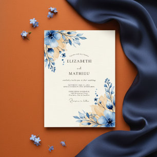Convites Casamento Aquarela Floral Azul e Dourado