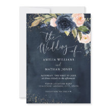 Casamento Aquarela Floral Brilho Marinho Dourado