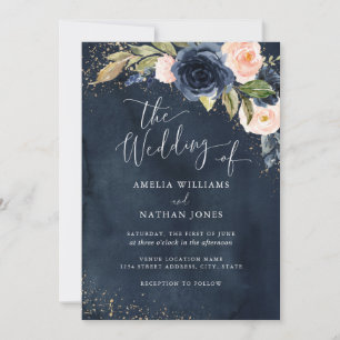 Convites Casamento Aquarela Floral Brilho Marinho Dourado