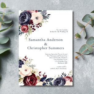 Convites Casamento Aquarela Floral Creme Azul Marinho Borgo