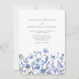 Convites Casamento Aquarela Floral de Flor Silvestre Azul 
