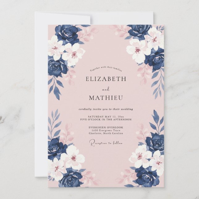 Convites Casamento Aquarela Floral Rosa Marinho (Frente)