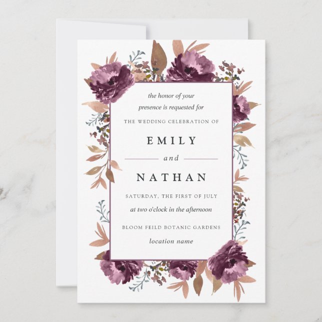 Convites Casamento Aquarela Floral Roxo Moderno (Frente)