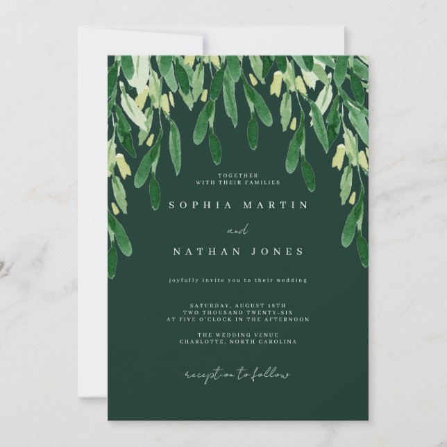 Convites Casamento Aquarela Folha Verde Botânica  (Frente)