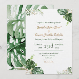 Convites Casamento Aquarela Folhas de Monstera Verde Tropic