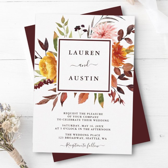 Convites Casamento Aquarela Jardim Outonal Marsala (Criador carregado)