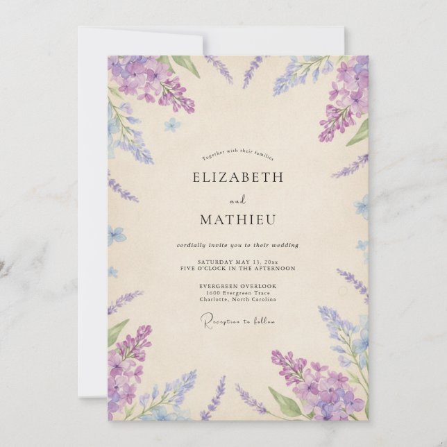 Convites Casamento Aquarela Lavanda e Periwinkle (Frente)