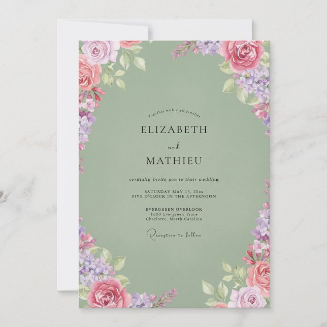 Convites Casamento Aquarela Lilás Musgo (Frente)