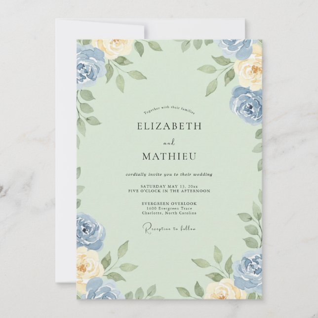 Convites Casamento Aquarela Marfim Menta (Frente)