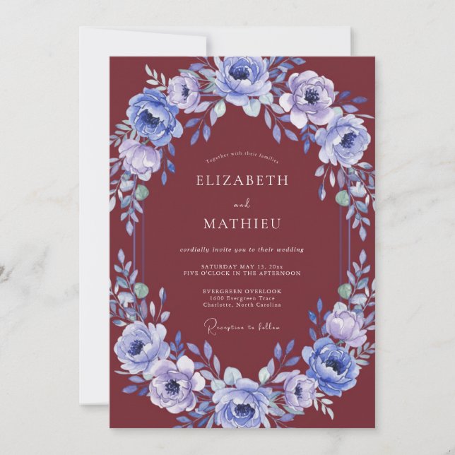 Convites Casamento Aquarela Marrom-Vermelho Periwinkle (Frente)