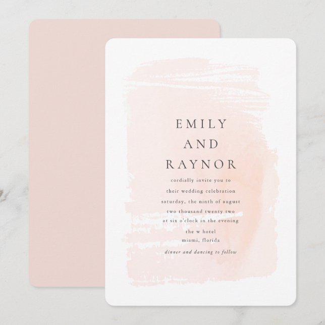 Convites Casamento Aquarela Moderna Rosa Bege (Frente/Verso)