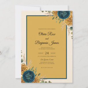 Convites Casamento Aquarela Mostarda Azul-Verde