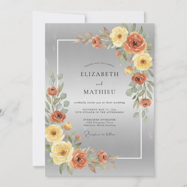Convites Casamento Aquarela Ócre Prata (Frente)