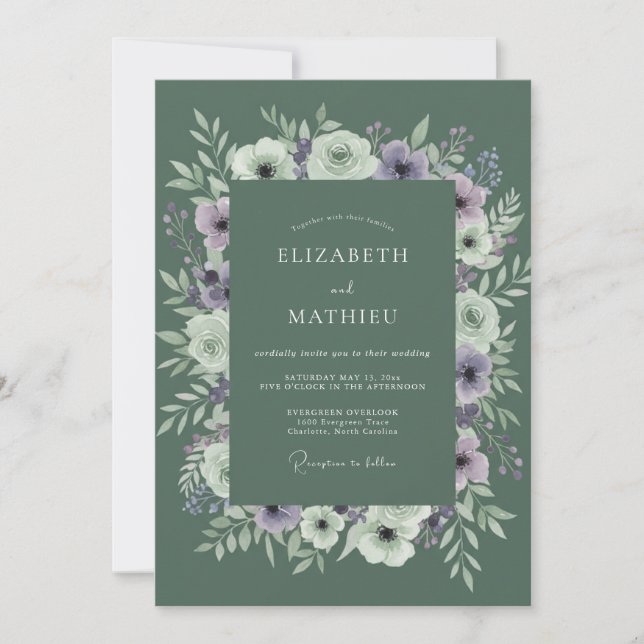 Convites Casamento Aquarela Oliva Lavanda (Frente)