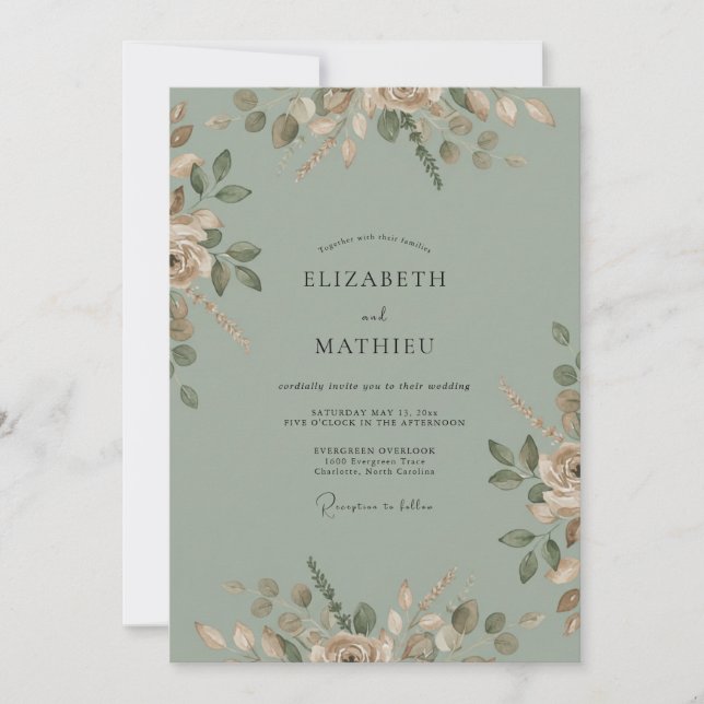 Convites Casamento Aquarela Oliva Sage (Frente)
