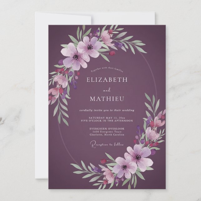Convites Casamento Aquarela Plum Meadow (Frente)