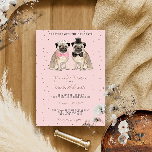 Convites Casamento aquarela Pug rosa (Criador carregado)