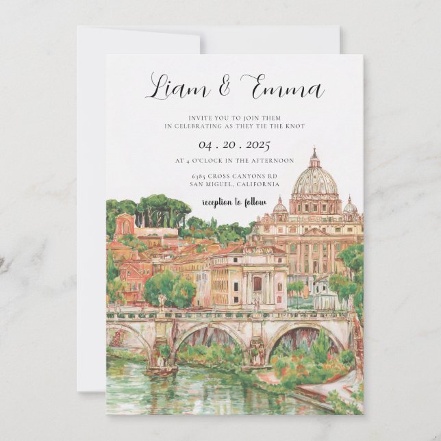 Convites Casamento Aquarela Roma Itália (Frente)