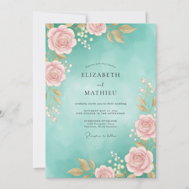 Convites Casamento Aquarela Rosa Água (Frente)