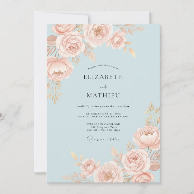 Convites Casamento Aquarela Rosa Bege (Frente)