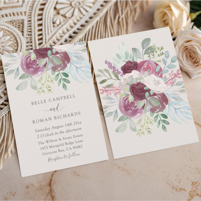 Convites Casamento Aquarela Rosa Boho Borgonha  (Criador carregado)