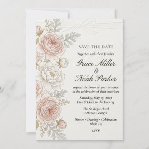 Convites Casamento Aquarela Rosa Corada e Laço Branco