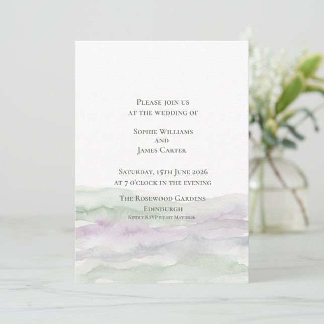 Convites Casamento Aquarela Roxa de Urze Escocesa (Em pé/Frente)