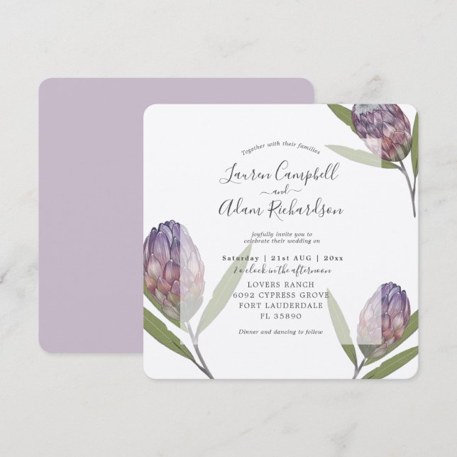 Convites Casamento Aquarela Roxa Protea Tropical  (Frente/Verso)