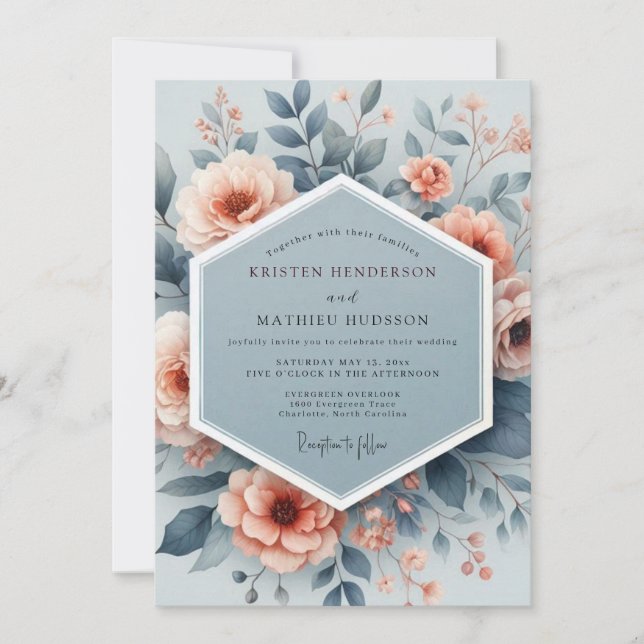 Convites Casamento Aquarela Slate Peach (Frente)