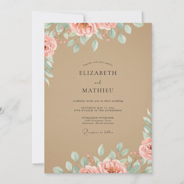 Convites Casamento Aquarela Tan Coral (Frente)