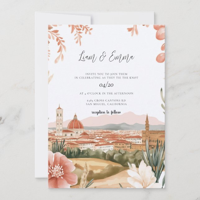 Convites Casamento Aquarela Toscana Florença Itália (Frente)