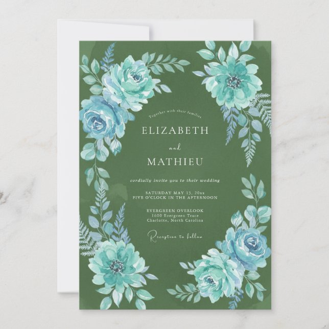 Convites Casamento Aquarela Turquesa Oliva (Frente)