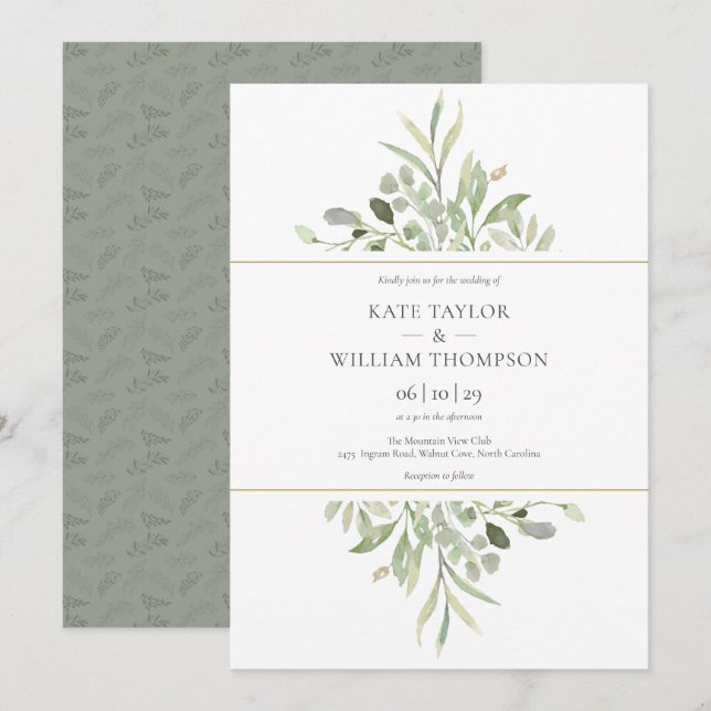 Convites Casamento Aquarela Verde Botânico de Eucalipto (Frente/Verso)