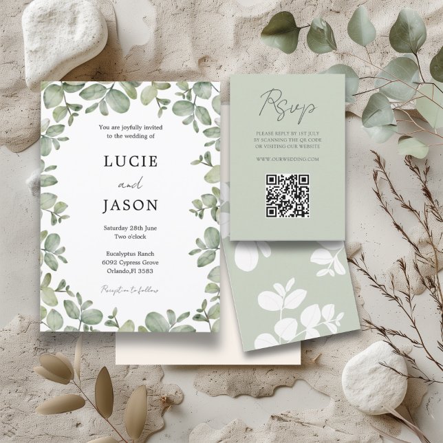 Convites Casamento Aquarela Verde Sage Boho Eucalipto (Criador carregado)