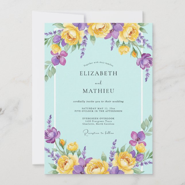 Convites Casamento Aquarela Violeta Aqua (Frente)