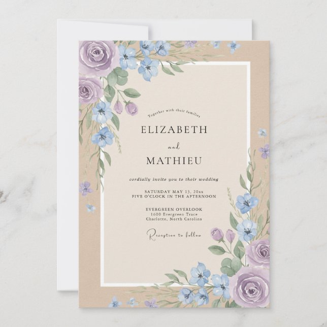 Convites Casamento Aquarela Violeta Centáurea (Frente)
