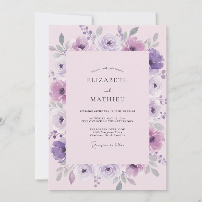 Convites Casamento Aquarela Violeta Lilás (Frente)