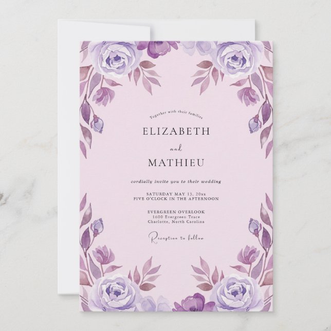 Convites Casamento Aquarela Violeta Rosa (Frente)
