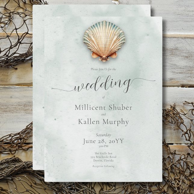 Convites Casamento Aquático com Conchas Marinhas Modernas d (Modern Coastal Seashell Aqua Wedding Invitation)