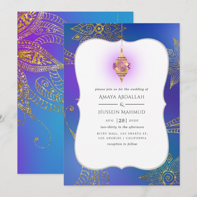 Convites Casamento Árabe Bollywood com Folha de Ouro (Frente/Verso)