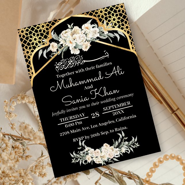 Convites Casamento árabe Dourado floral mínimo negro (Criador carregado)