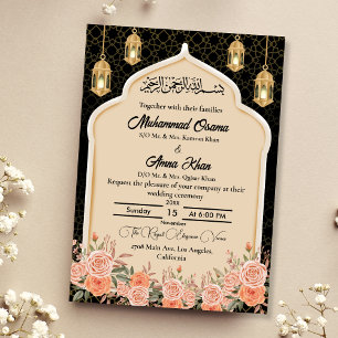 Convites Casamento Árabe Floral Muçulmano Dourado Negro