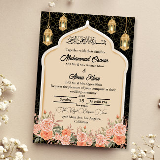 Convites Casamento Árabe Floral Muçulmano Dourado Negro