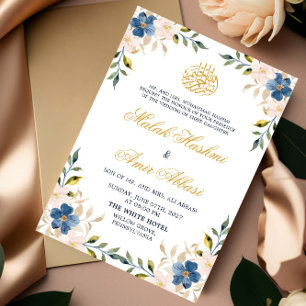 Convites Casamento Árabe Islâmico Dourado Floral do marinho