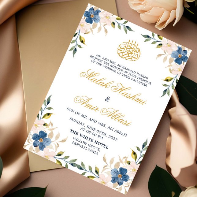 Convites Casamento Árabe Islâmico Dourado Floral do marinho (Criador carregado)