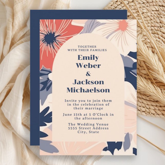 Convites Casamento Arco Creme Coral Marinha Moderna  (Navy and coral retro-style flowers wedding invitation)